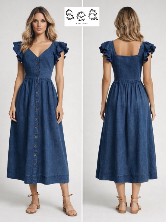 Sea New York Dresses & Skirts - SEA New York Linen Midi Dress Blue Chambray Ruffle Button Front Cottagecore Boho